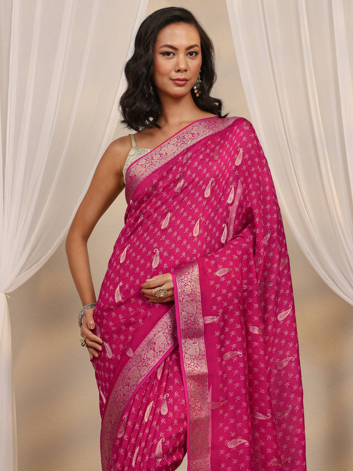 Pink Woven Design Paisley Silk Blend Saree With Unstitched Blouse Piece