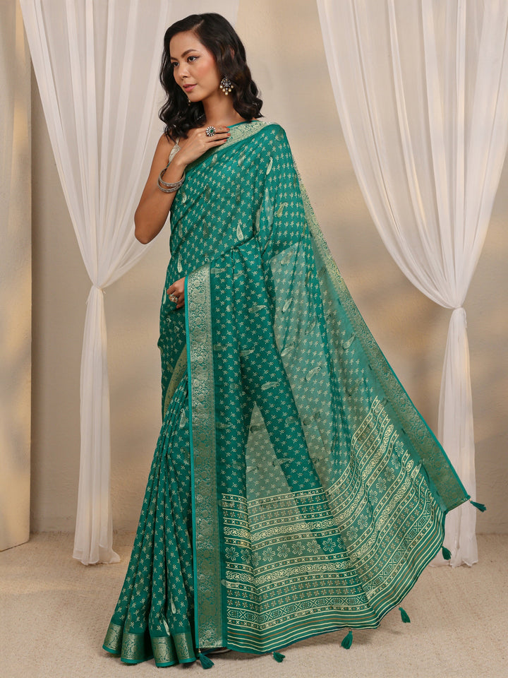 Green Woven Design Paisley Silk Blend Saree With Unstitched Blouse Piece