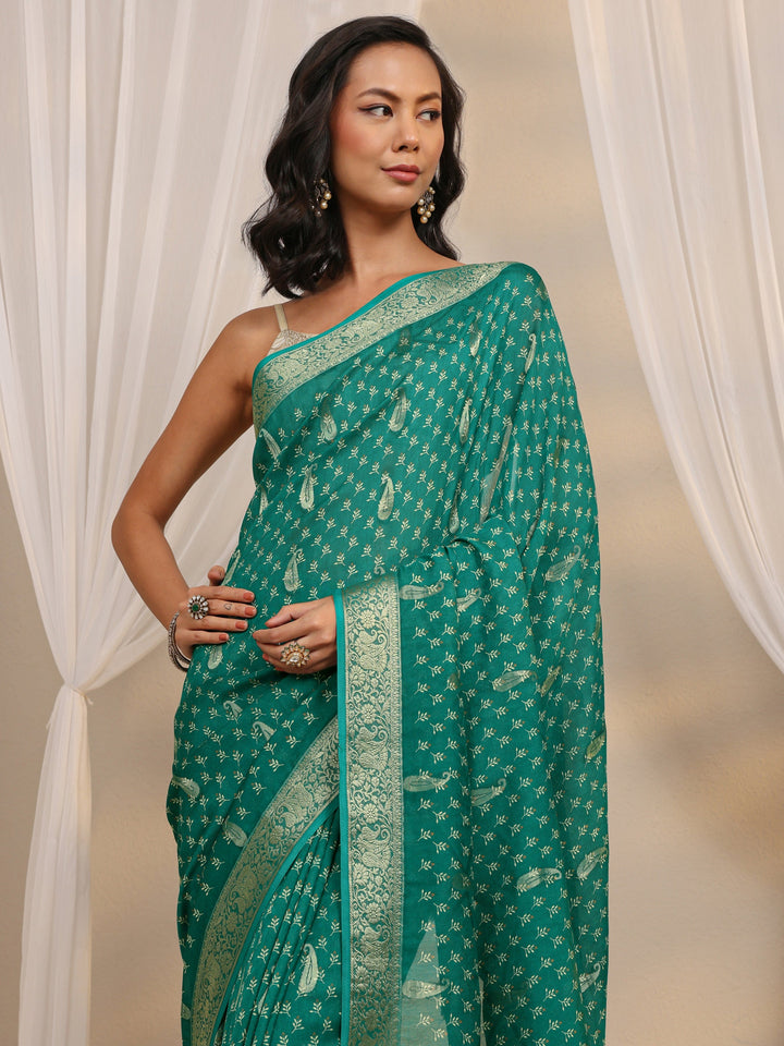 Green Woven Design Paisley Silk Blend Saree With Unstitched Blouse Piece