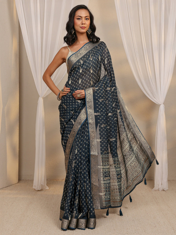 Navy Blue Woven Design Paisley Silk Blend Saree With Unstitched Blouse Piece