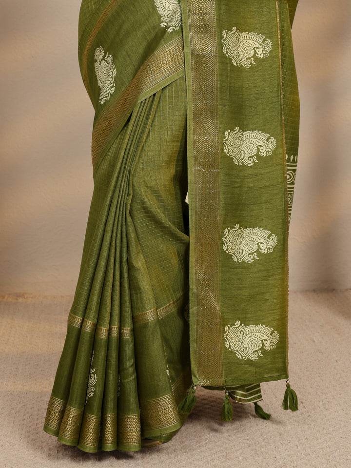 Olive Checkered Silk Blend Saree With Unstitched Blouse Piece
