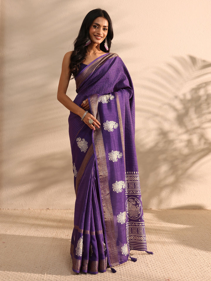 Purple Printed Silk Blend Saree 
With Unstitched Blouse Piece
