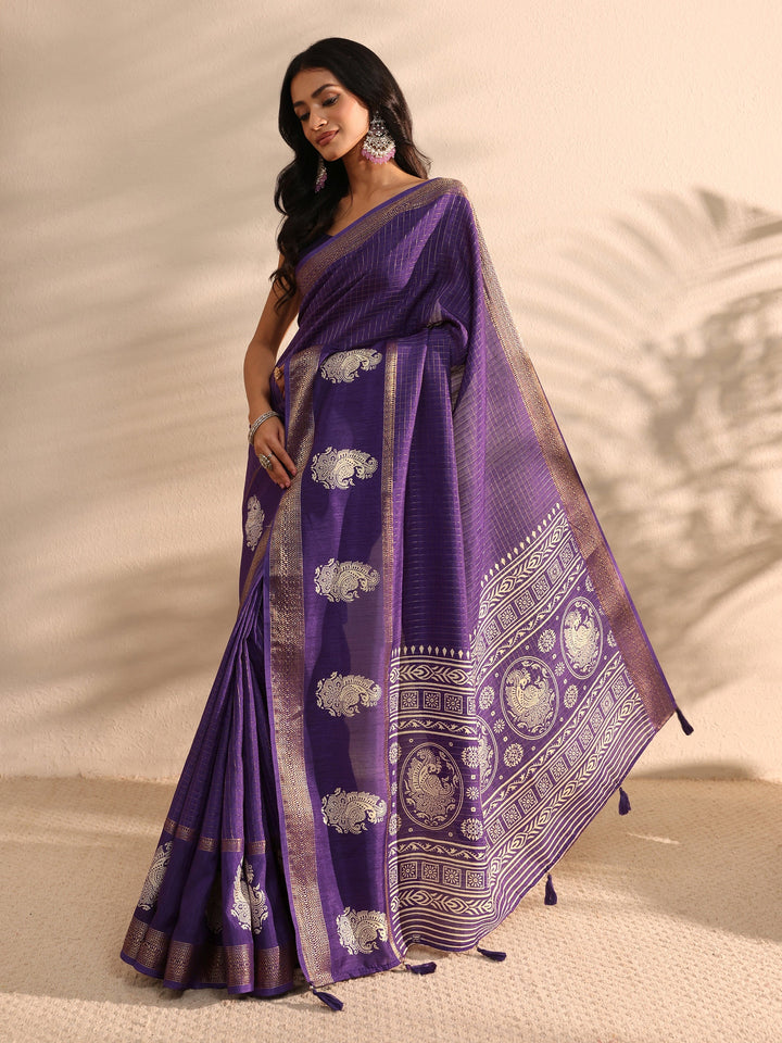 Purple Printed Silk Blend Saree 
With Unstitched Blouse Piece