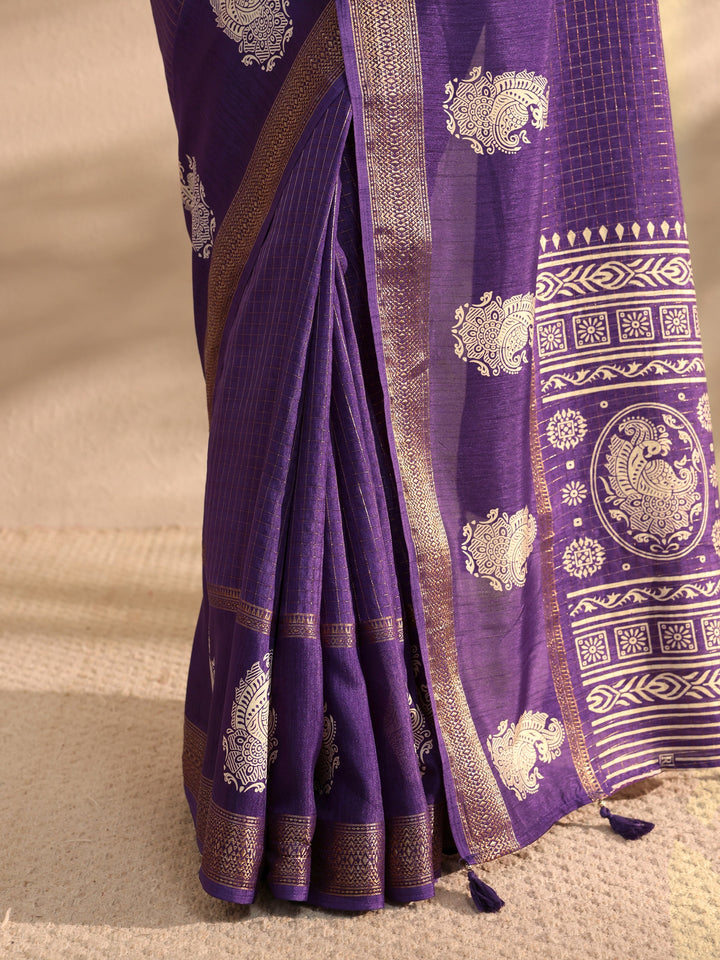 Purple Printed Silk Blend Saree 
With Unstitched Blouse Piece