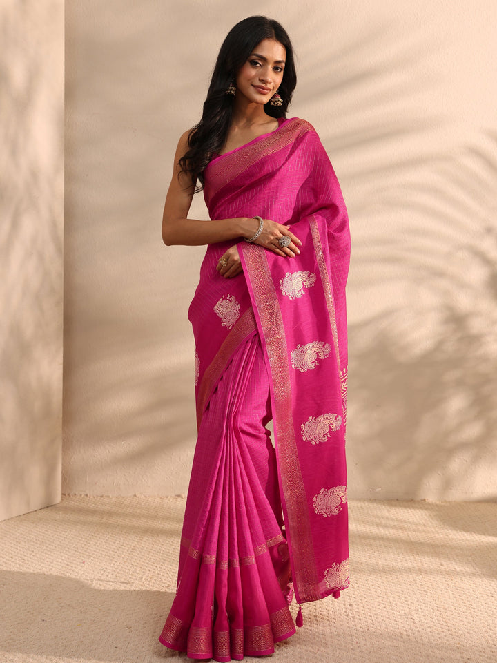 Pink Printed Silk Blend Saree 
With Unstitched Blouse Piece