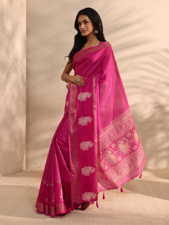 Pink Printed Silk Blend Saree 
With Unstitched Blouse Piece
