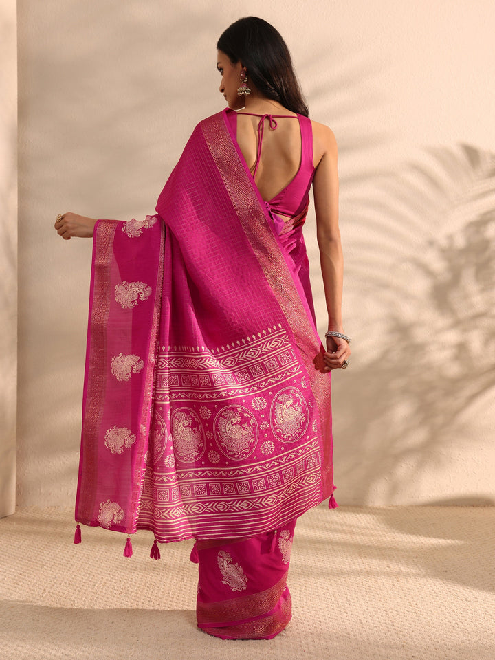 Pink Printed Silk Blend Saree 
With Unstitched Blouse Piece