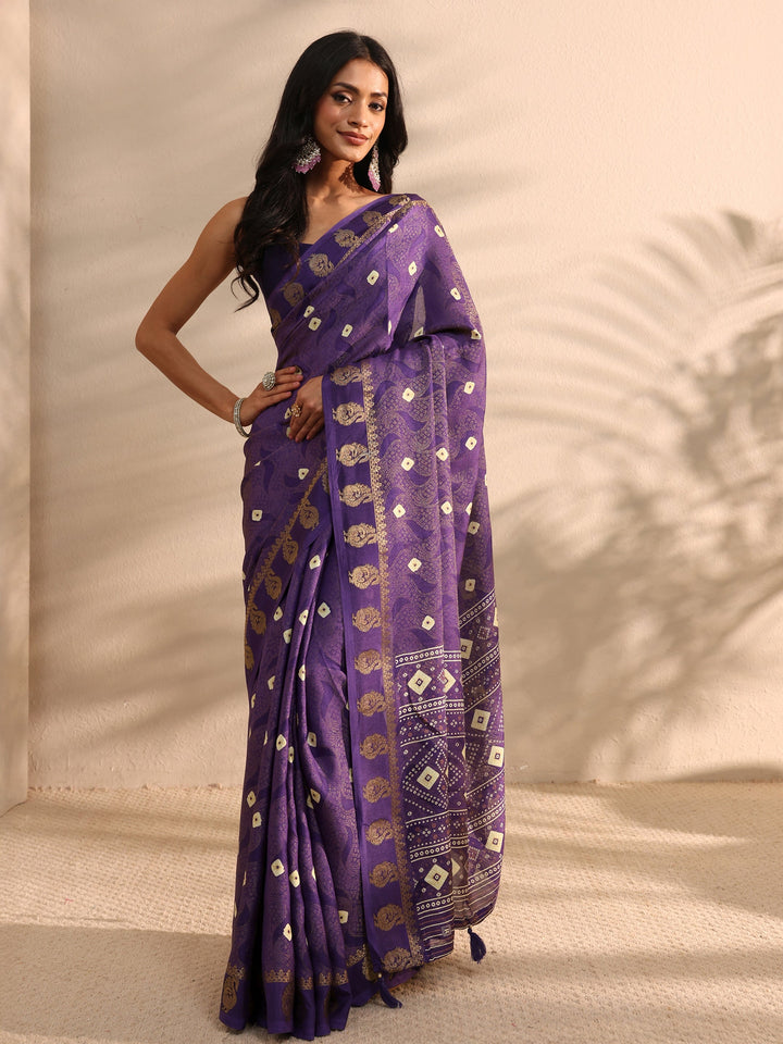 Purple Bandhani Printed Silk Blend Saree 
With Unstitched Blouse Piece