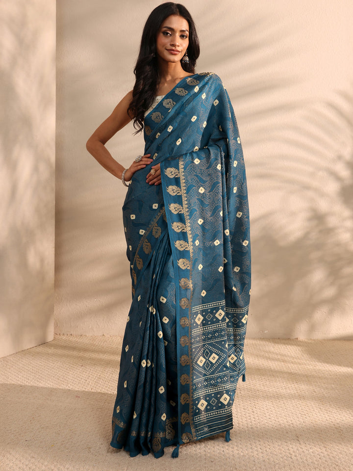 Navy Blue Bandhani Printed Silk Blend Saree 
With Unstitched Blouse Piece