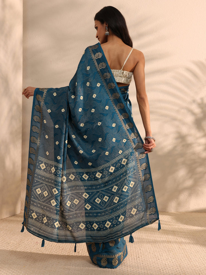 Navy Blue Bandhani Printed Silk Blend Saree 
With Unstitched Blouse Piece