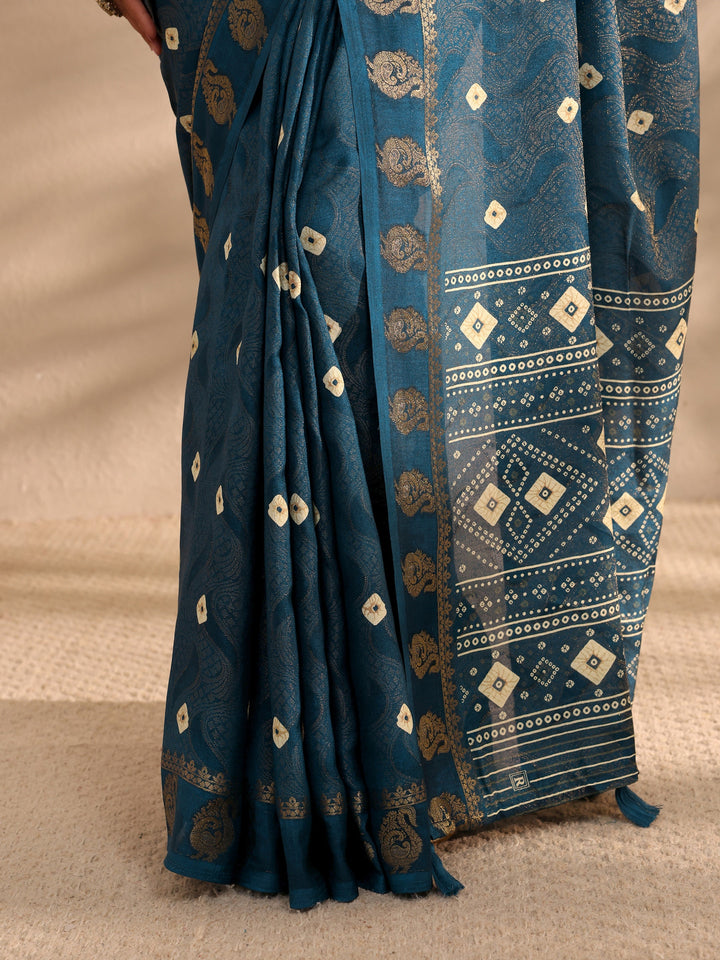 Navy Blue Bandhani Printed Silk Blend Saree 
With Unstitched Blouse Piece