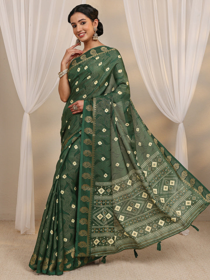 Green Bandhani Printed Silk Blend Saree With Unstitched Blouse Piece