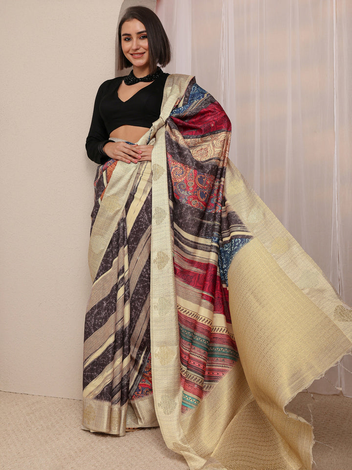 Multi Ethnic Motifs Printed Silk Blend Saree 
With Unstitched Blouse Piece