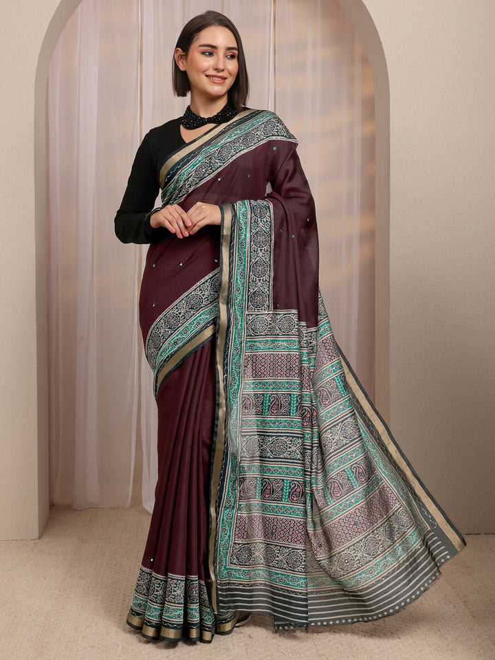 Maroon Mirror Work Silk Blend Saree 
With Unstitched Blouse Piece
