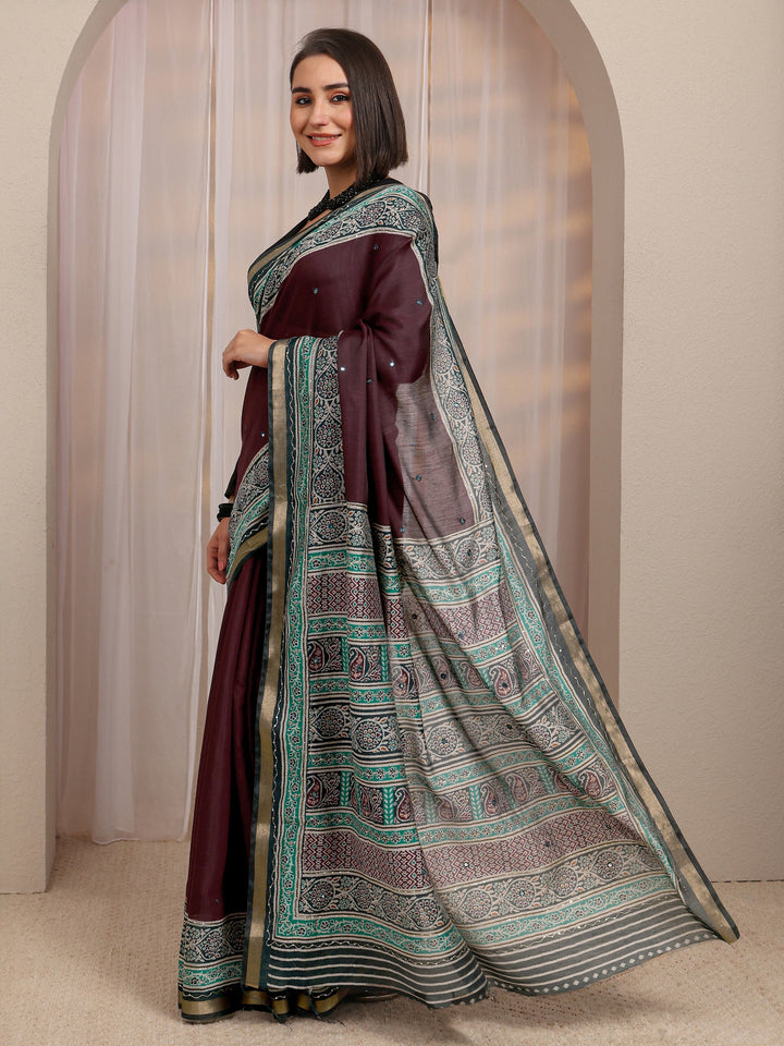 Maroon Mirror Work Silk Blend Saree 
With Unstitched Blouse Piece