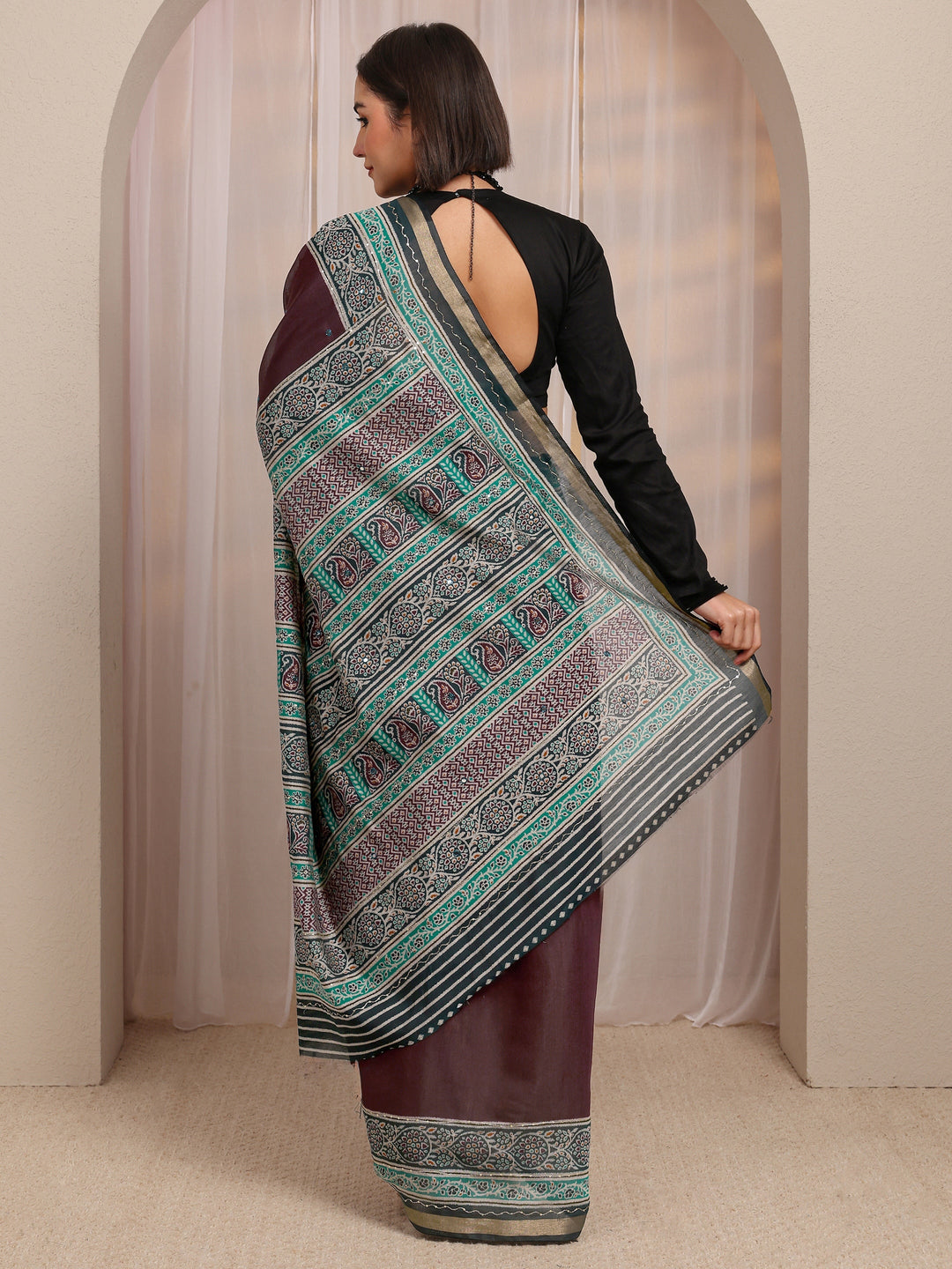 Maroon Mirror Work Silk Blend Saree 
With Unstitched Blouse Piece