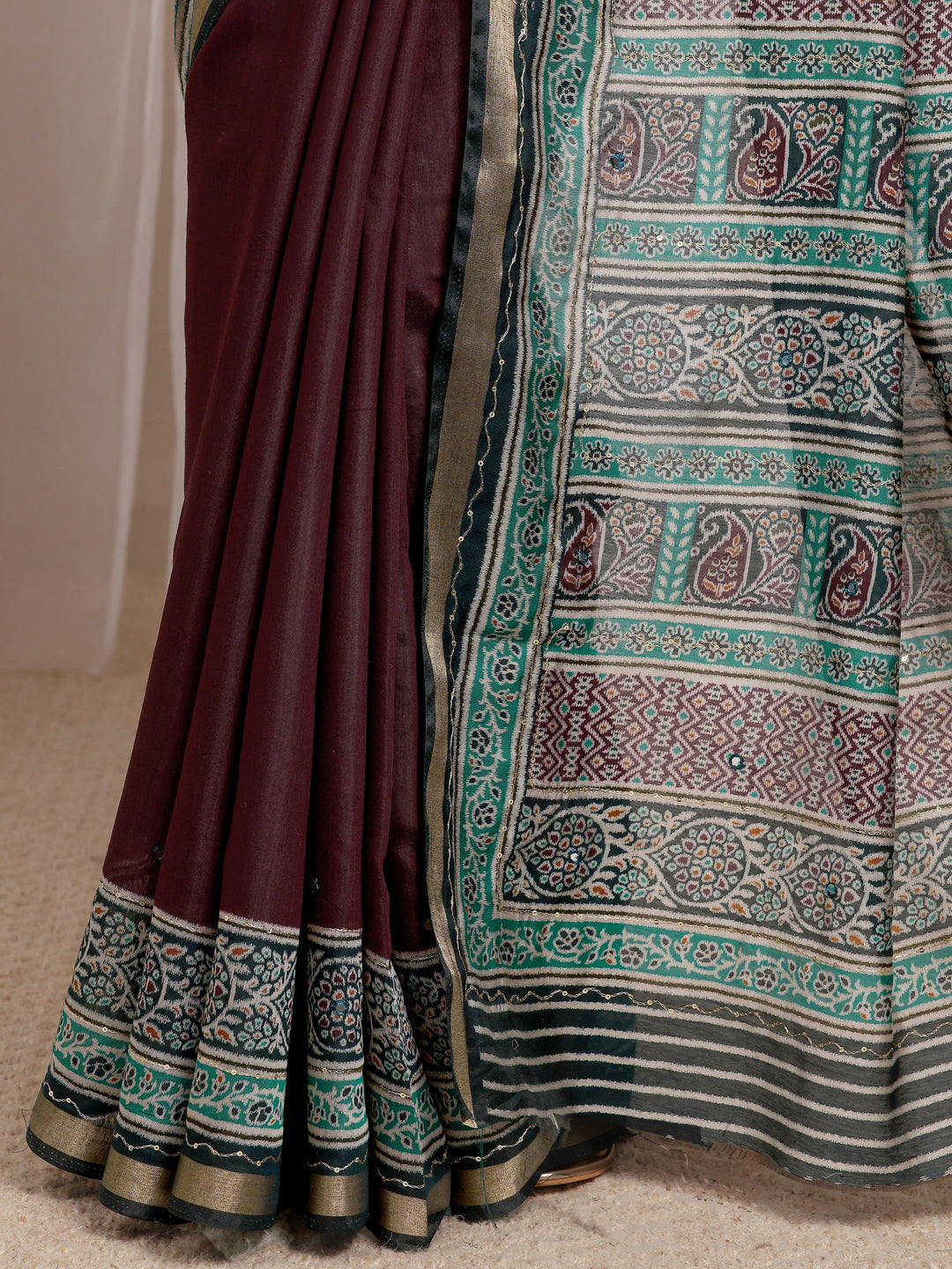 Maroon Mirror Work Silk Blend Saree 
With Unstitched Blouse Piece