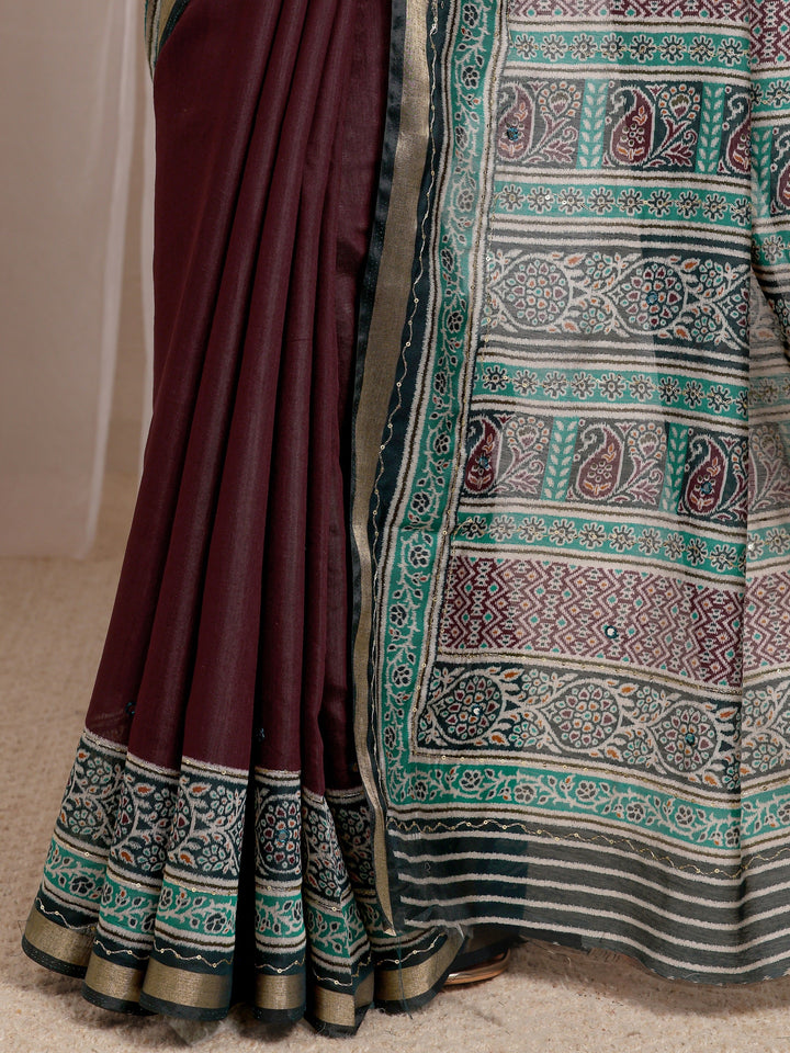 Maroon Mirror Work Silk Blend Saree 
With Unstitched Blouse Piece