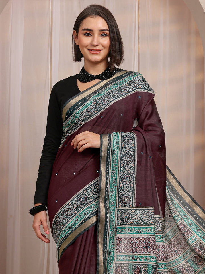 Maroon Mirror Work Silk Blend Saree 
With Unstitched Blouse Piece