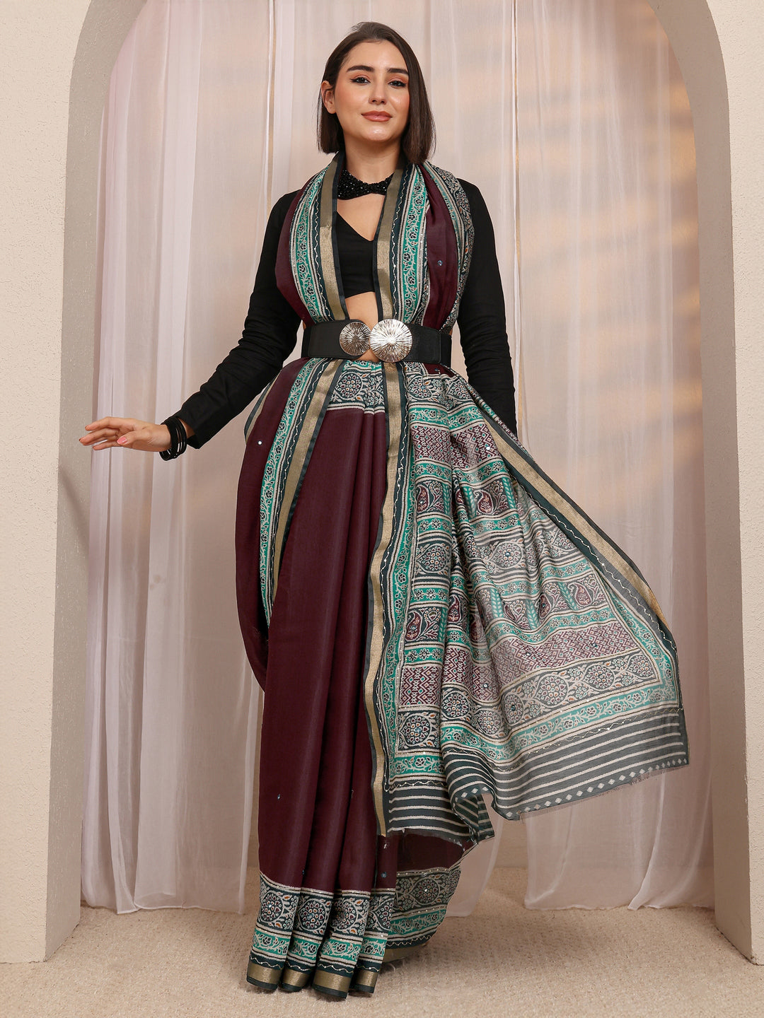 Maroon Mirror Work Silk Blend Saree 
With Unstitched Blouse Piece