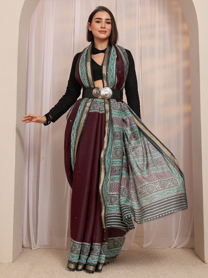 Maroon Mirror Work Silk Blend Saree 
With Unstitched Blouse Piece