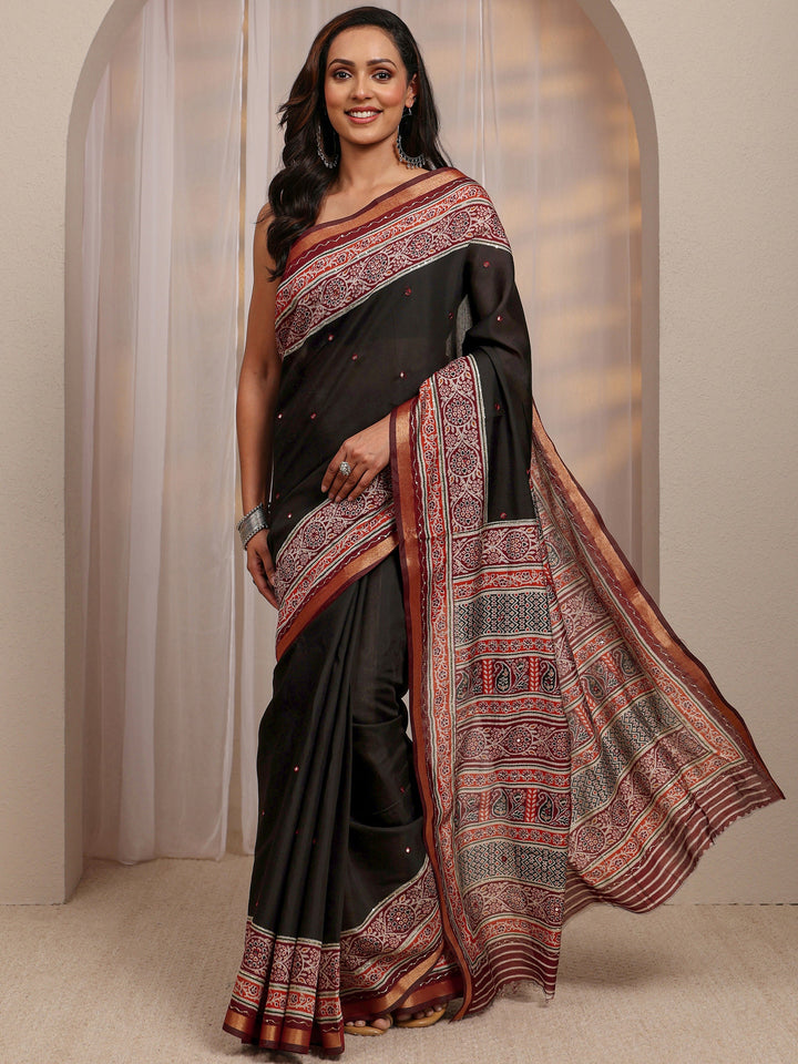 Black Mirror Work Silk Blend Saree 
With Unstitched Blouse Piece