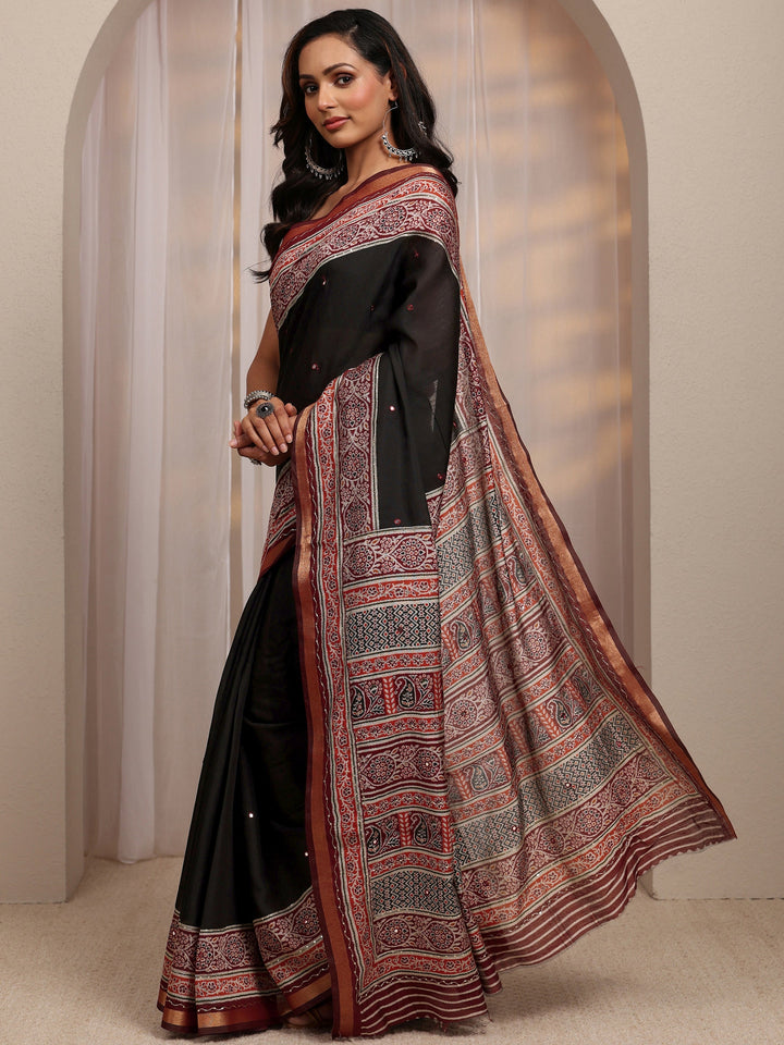 Black Mirror Work Silk Blend Saree 
With Unstitched Blouse Piece