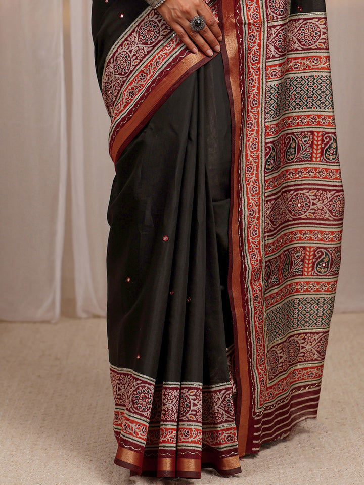 Black Mirror Work Silk Blend Saree 
With Unstitched Blouse Piece