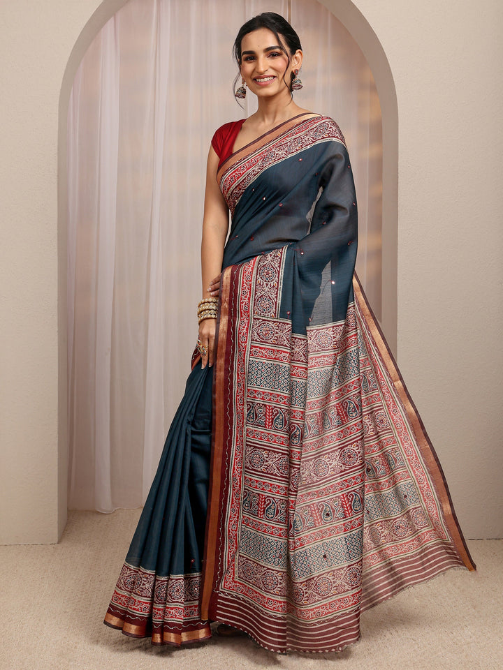 Navy Blue Solid Silk Blend Saree With Unstitched Blouse Piece