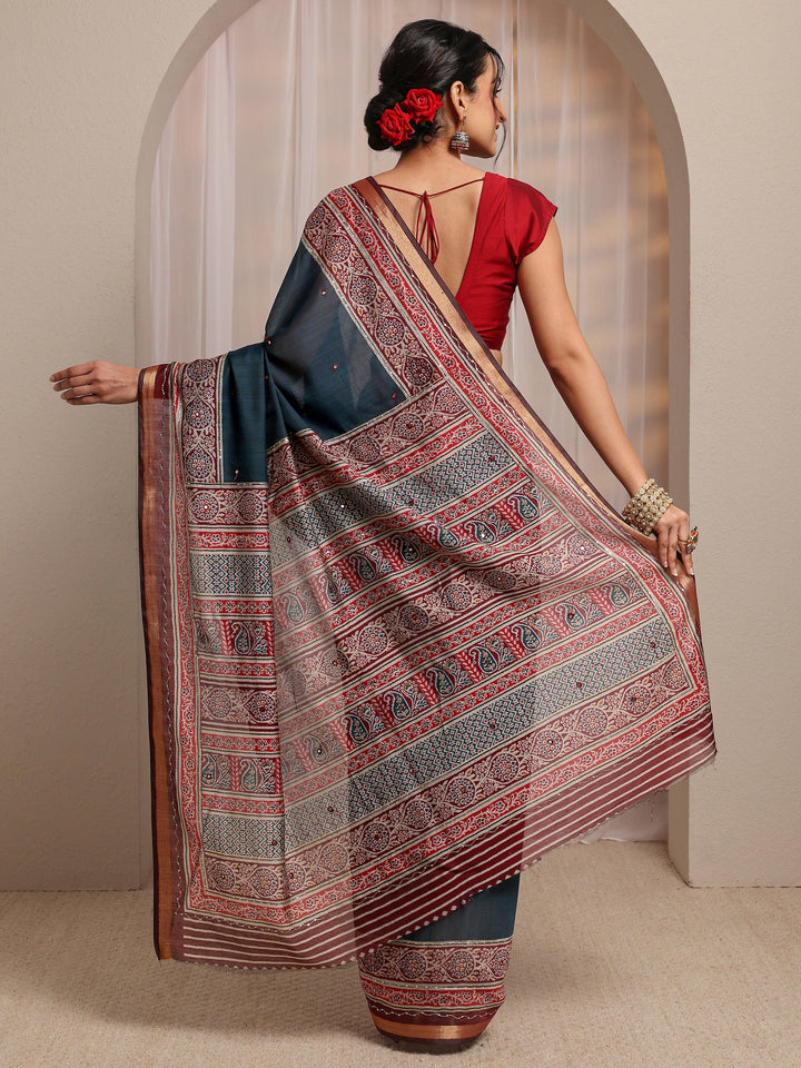 Navy Blue Solid Silk Blend Saree With Unstitched Blouse Piece