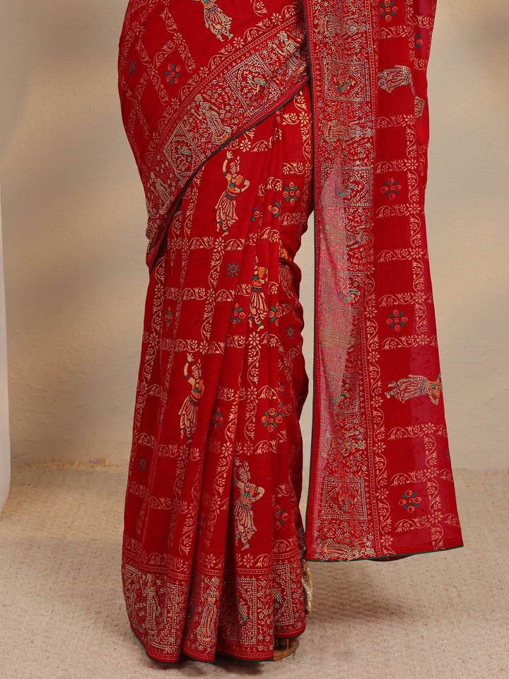 Red Ethnic Printed Silk Blend Saree With Unstitched Blouse Piece