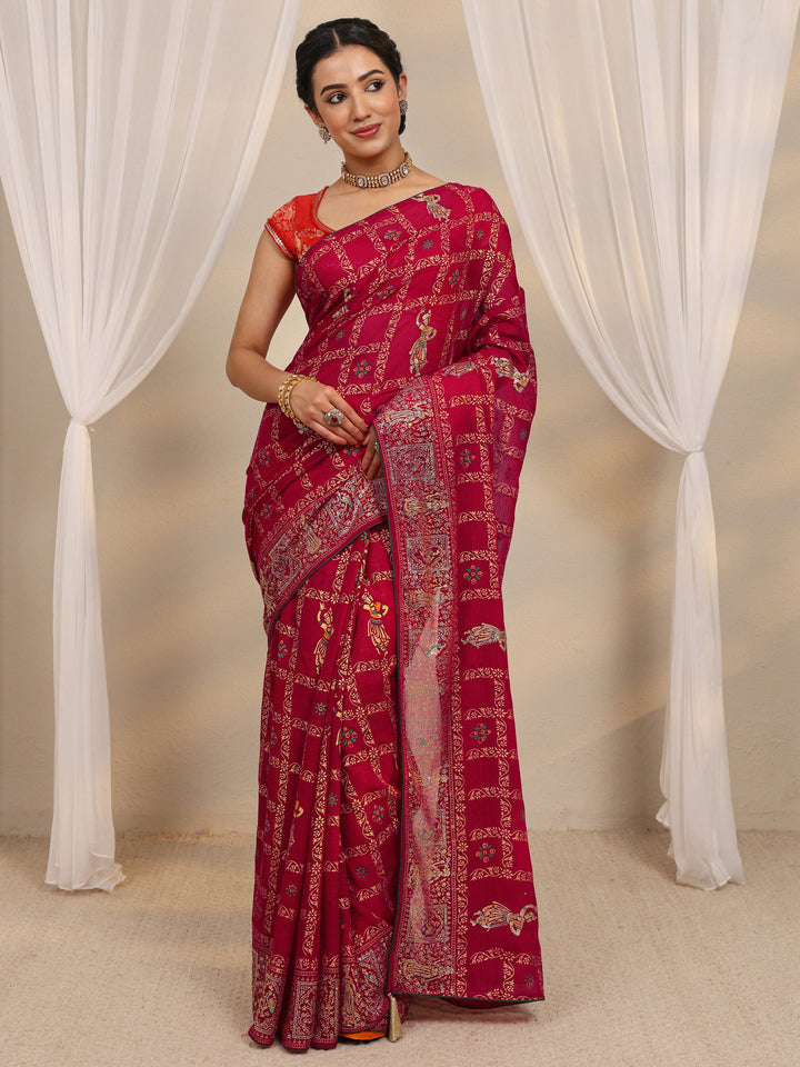 Pink Ethnic Printed Silk Blend Saree With Unstitched Blouse Piece