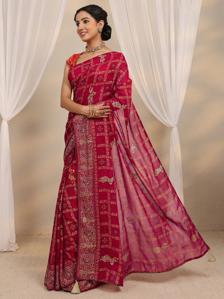 Pink Ethnic Printed Silk Blend Saree With Unstitched Blouse Piece