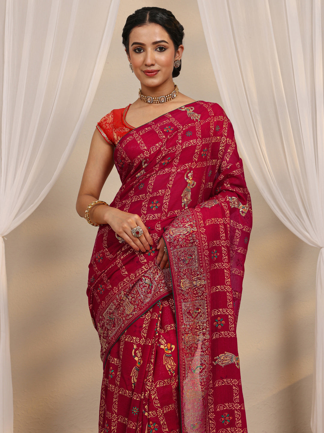 Pink Ethnic Printed Silk Blend Saree With Unstitched Blouse Piece