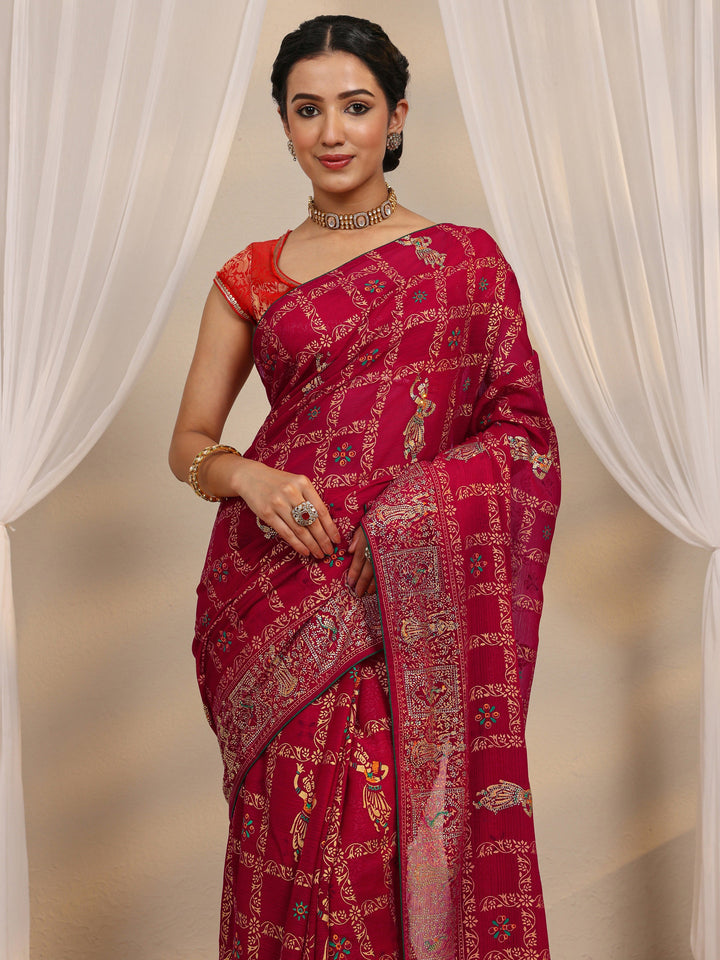Pink Ethnic Printed Silk Blend Saree With Unstitched Blouse Piece