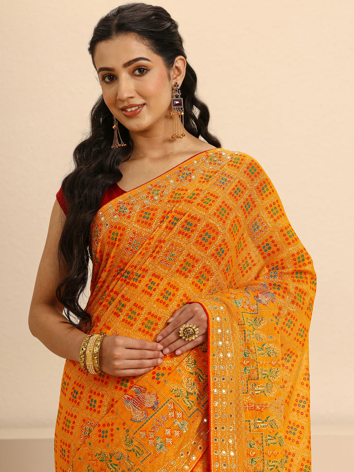 Mustard Bandhani Printed Silk Blend Saree With Unstitched Blouse Piece