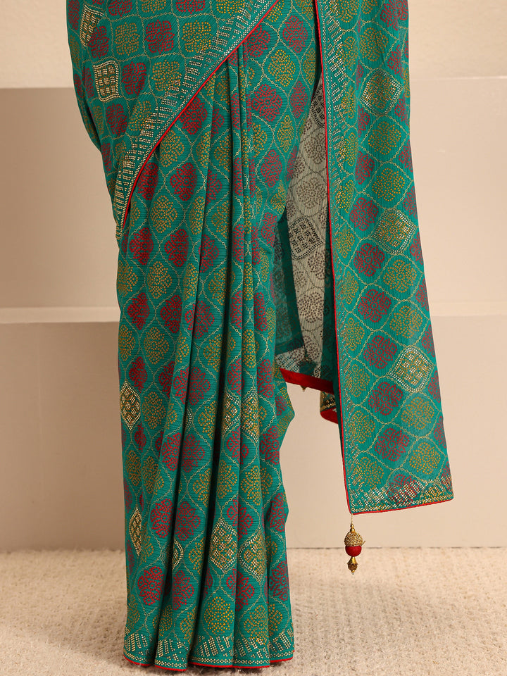 Green Bandhani Printed Silk Blend Saree With Unstitched Blouse Piece
