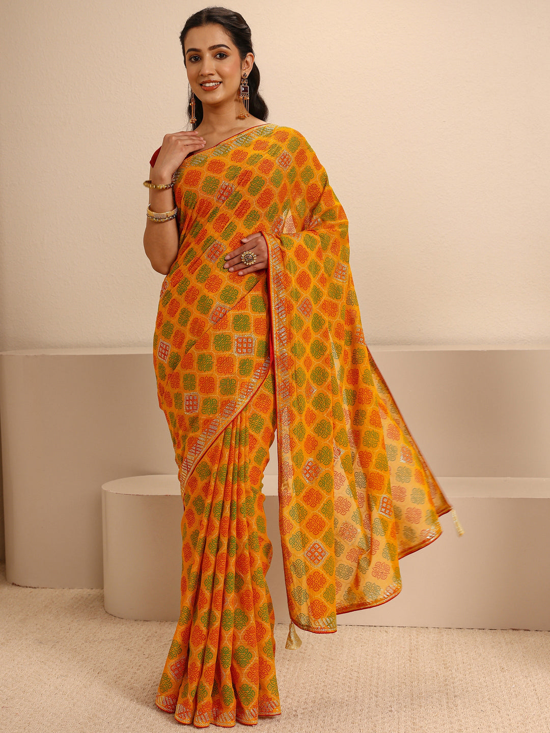 Mustard Bandhani Printed Silk Blend Saree  With Unstitched Blouse Piece