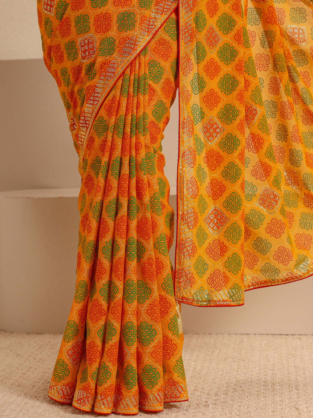 Mustard Bandhani Printed Silk Blend Saree  With Unstitched Blouse Piece