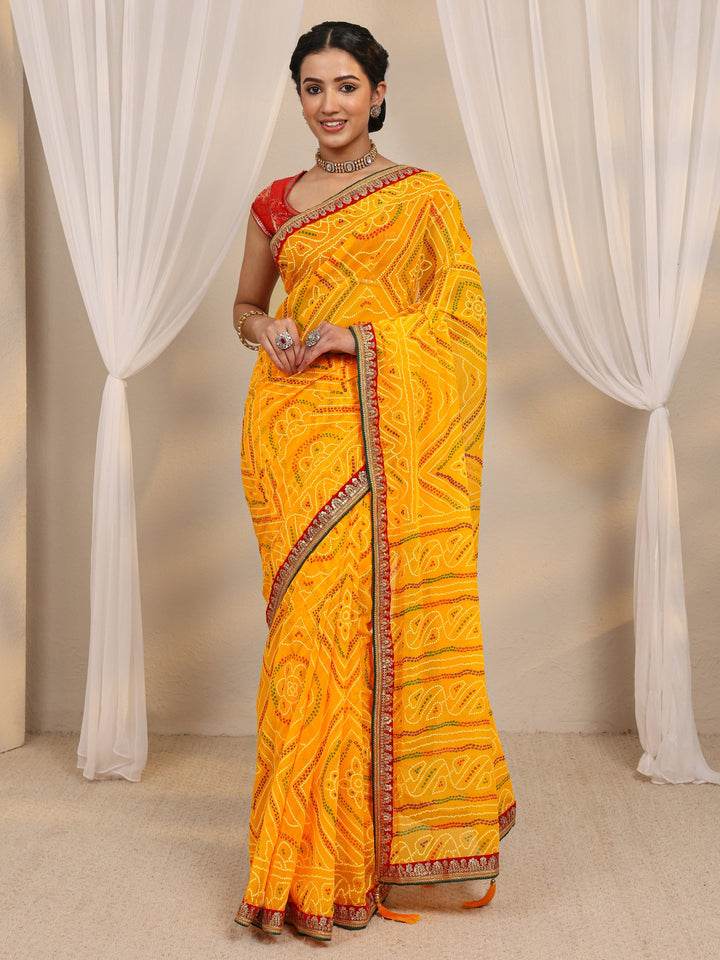 Yellow Bandhani Printed Silk Blend Saree With Unstitched Blouse Piece