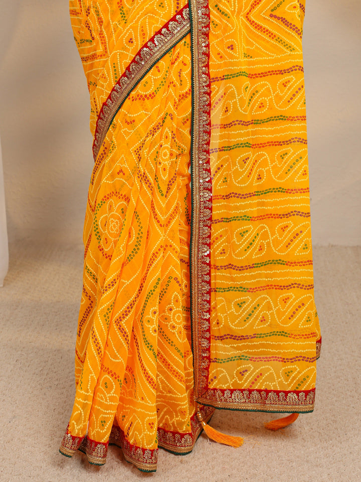 Yellow Bandhani Printed Silk Blend Saree With Unstitched Blouse Piece