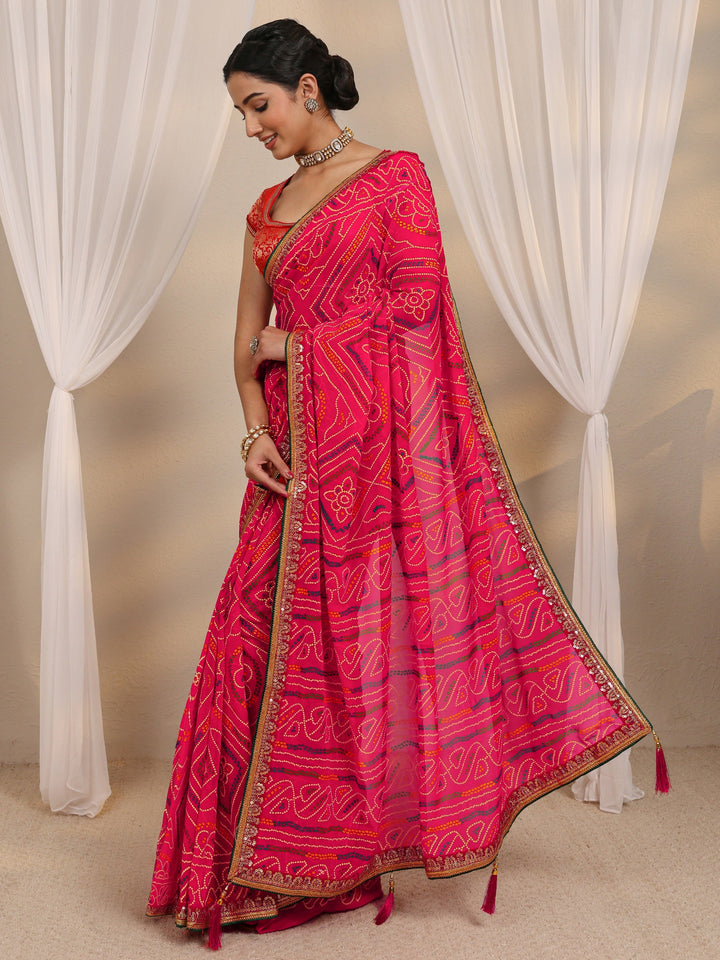 Pink Bandhani Printed Silk Blend Saree With Unstitched Blouse Piece