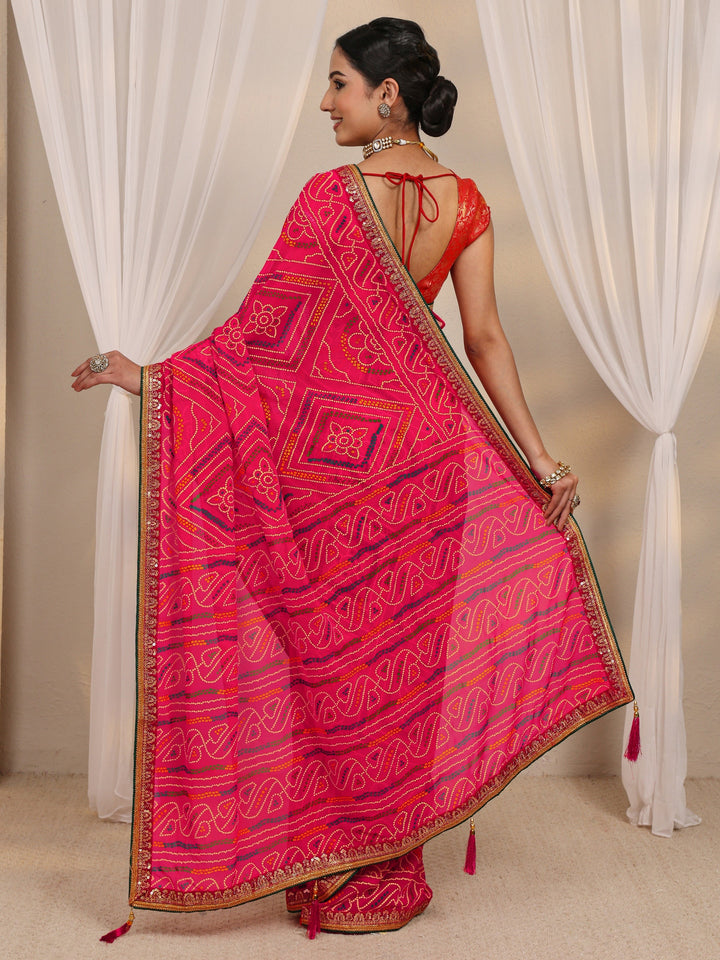 Pink Bandhani Printed Silk Blend Saree With Unstitched Blouse Piece