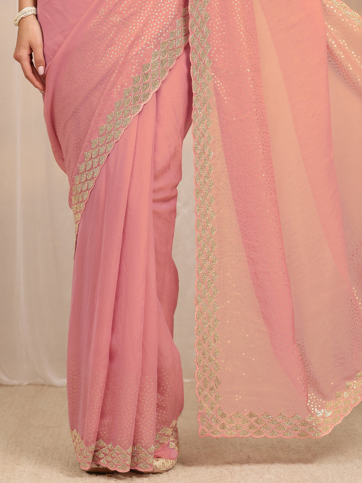 Pink Embellished Silk Blend Saree 
With Unstitched Blouse Piece
