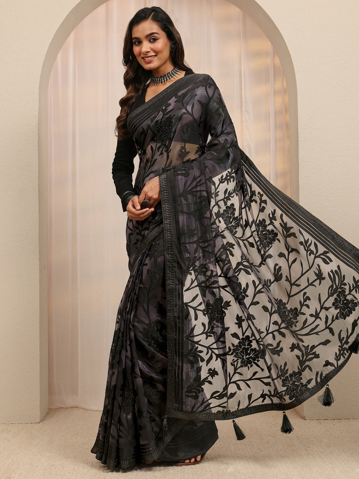 Black Floral Embellished Silk Blend Saree 
With Unstitched Blouse Piece
