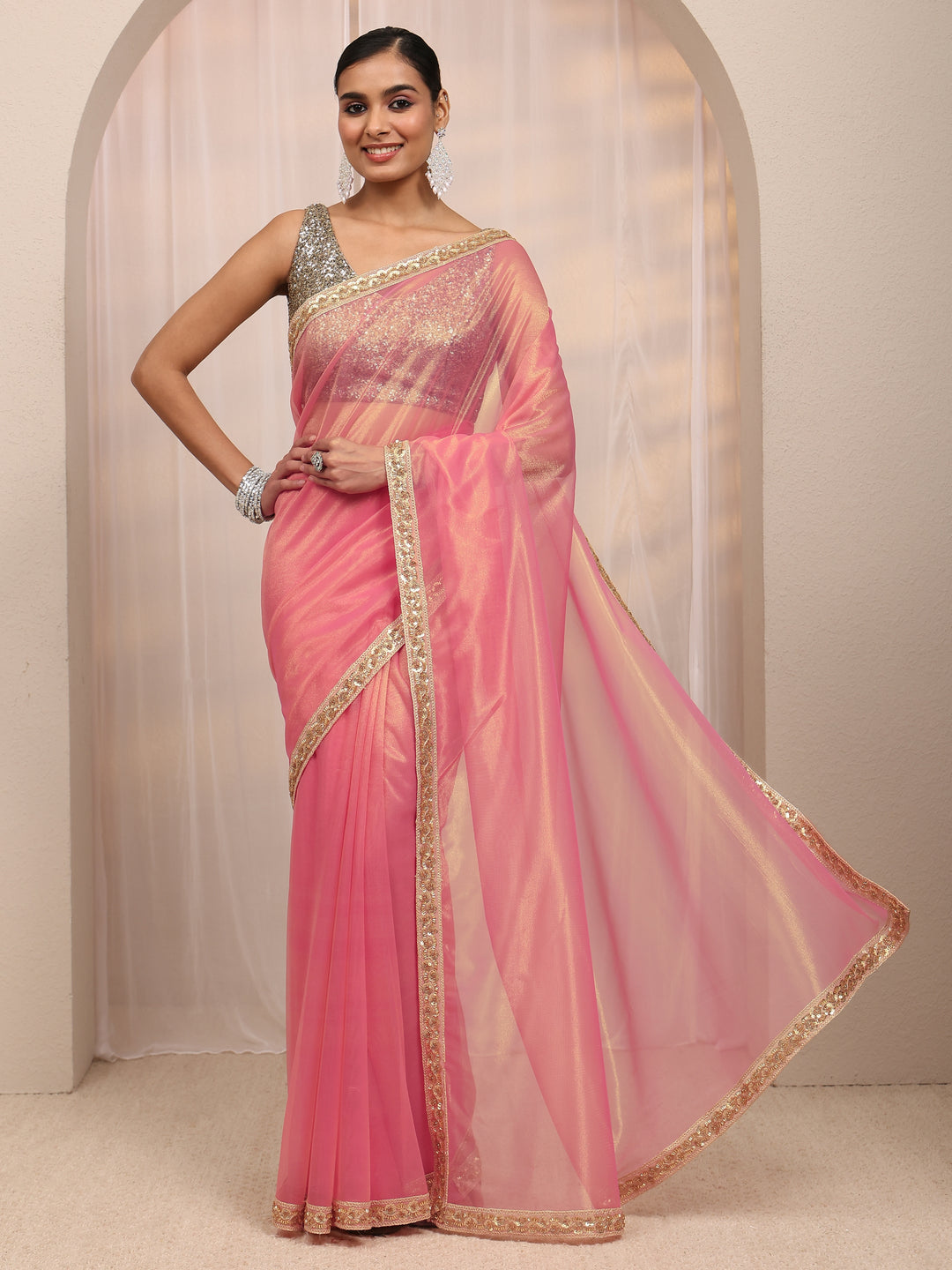 Coral Embellished Sheen Net Saree 
With Unstitched Blouse Piece