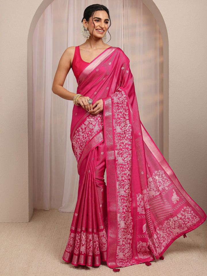 Pink Ethnic Motif Woven Design Silk Blend Saree With Unstitched Blouse Piece