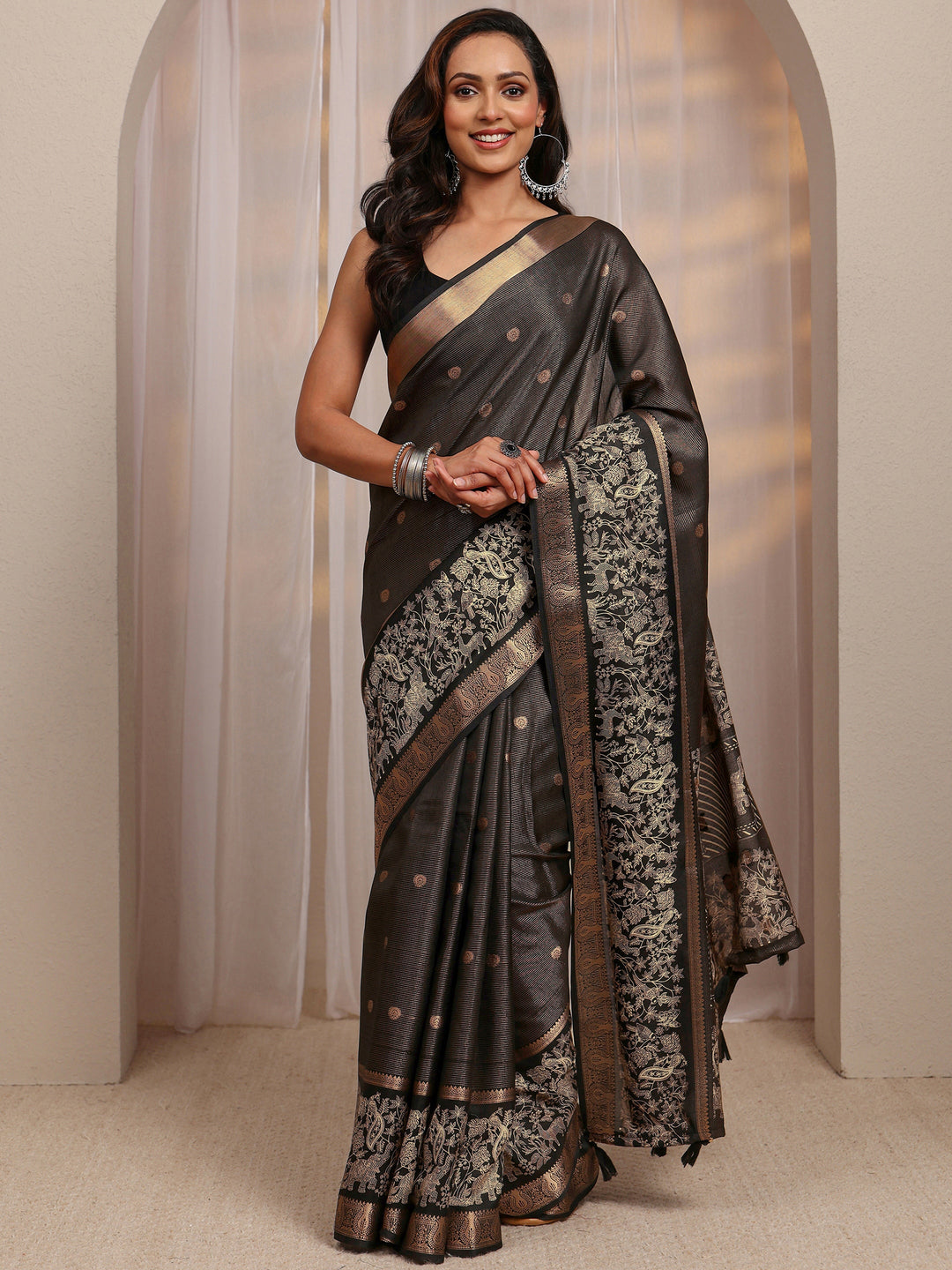 Black Ethnic Motif Woven Design Silk Blend Saree 
With Unstitched Blouse Piece