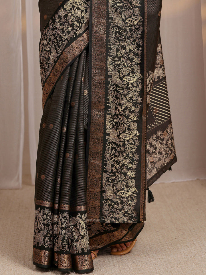 Black Ethnic Motif Woven Design Silk Blend Saree 
With Unstitched Blouse Piece
