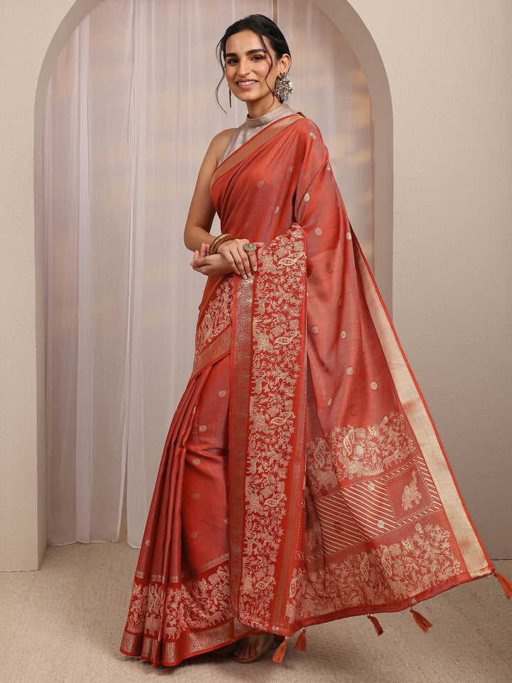 Rust Ethnic Motif Woven Design Silk Blend Saree With Unstitched Blouse Piece